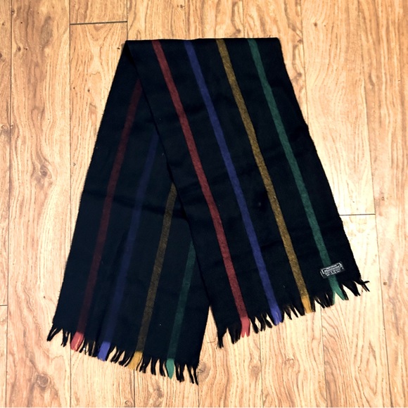 100% Lambswool Scarf | Black w/ Red, Blue, Yellow & Green Stripes - Picture 2 of 4
